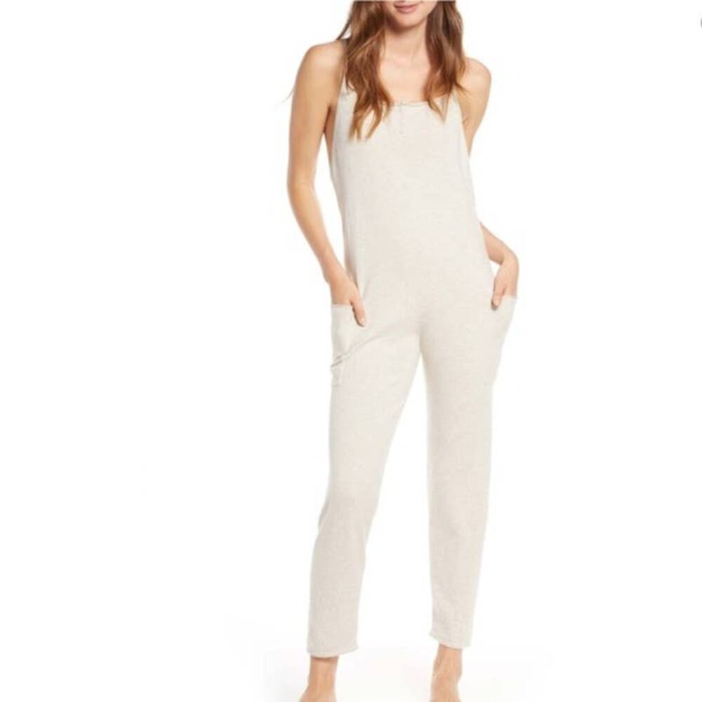 Something Navy Lounge Jumpsuit Sweater Knit Overalls Oatmeal L Women's Pockets